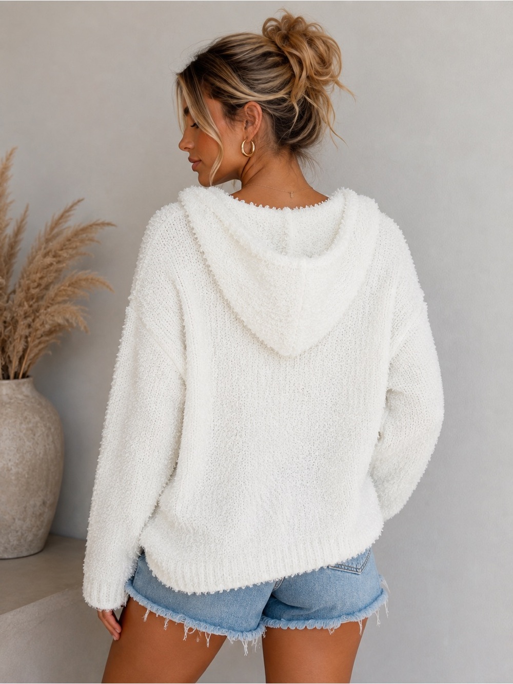 POL White Fuzzy Hooded Sweater Women’s Cozy Pullover Long Sleeve Boho Y2K - Picture 2 of 12